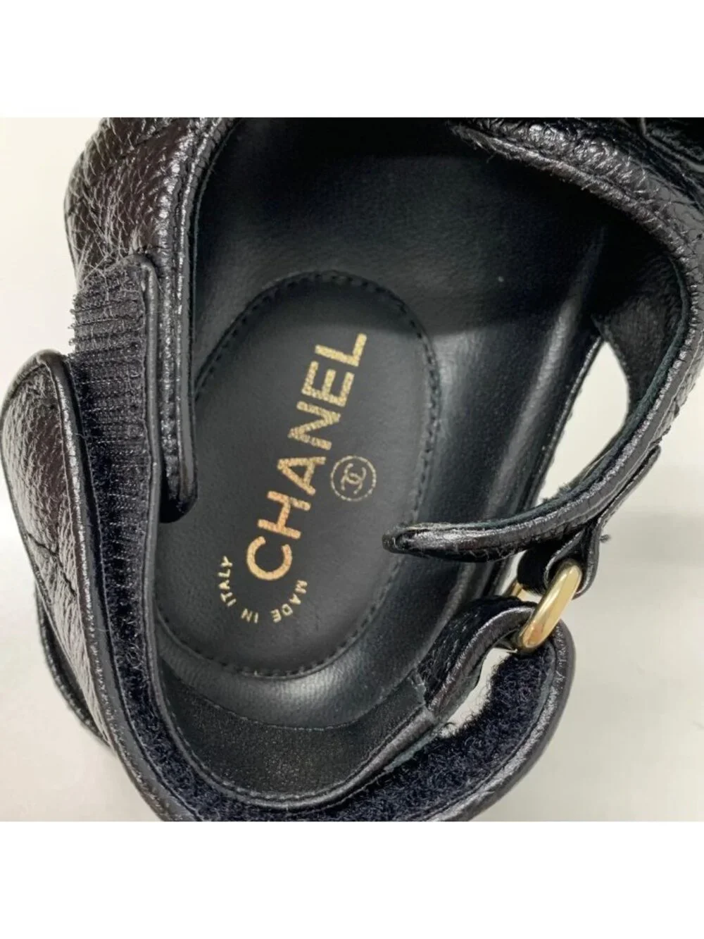Chanel CC Logo Quilted Leather Chain Velcro Sandals Black